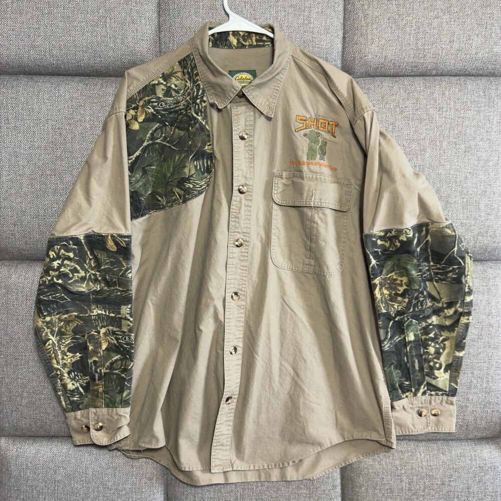 Mens Cabela's Button Up‎ Shirt L Beige Camo Seclusion 3D Hunting Cotton